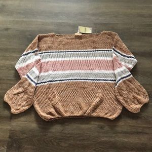 EE:SOME CAMEL WITH WHITE, NAVY, GRAY AND MAUVE STRIPE KNIT SWEATER